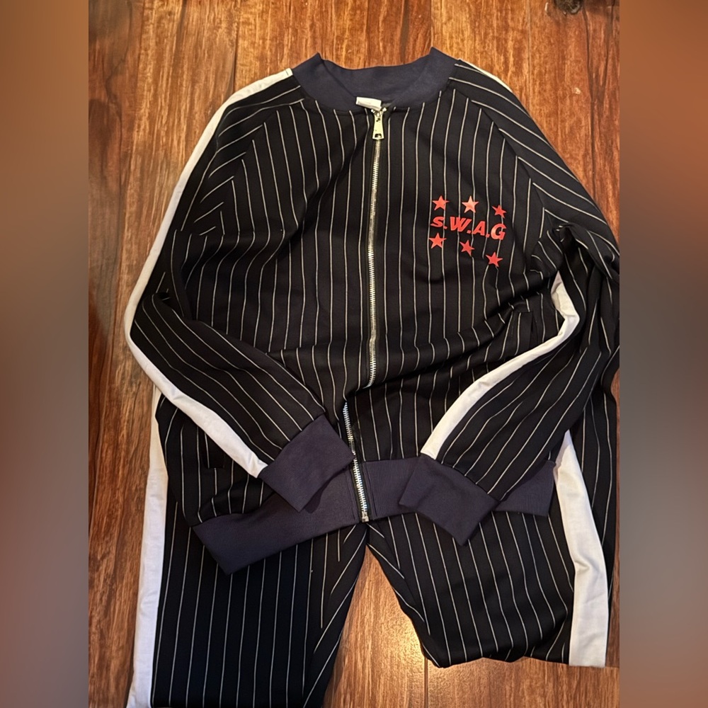 Custom original swag Black and white striped tracksuit with red
